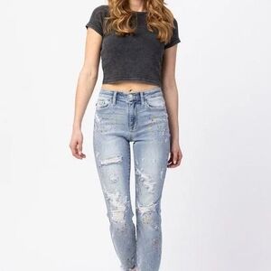 Judy Blue Paint Splatter Boyfriend Jeans